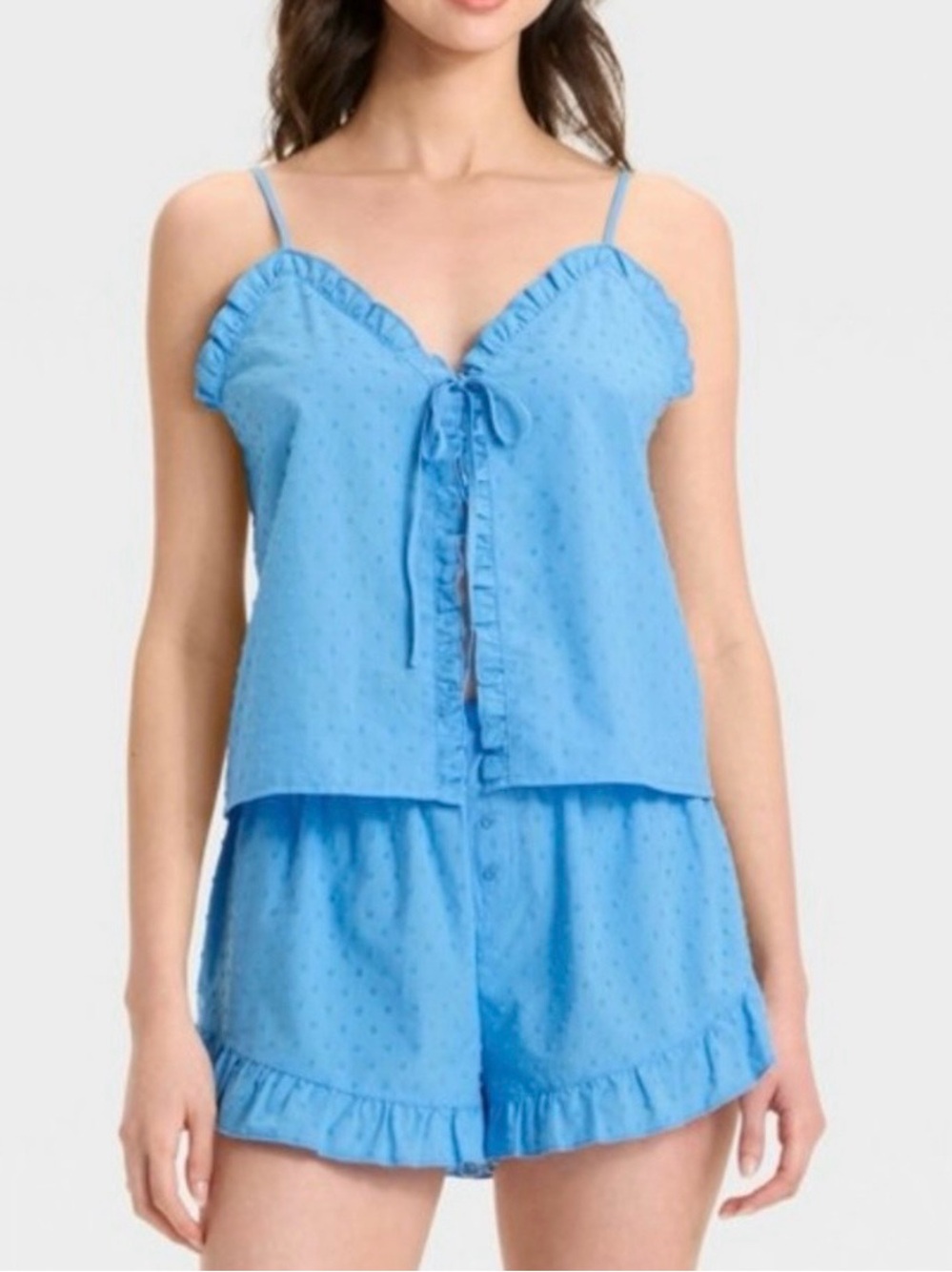 Colsie Light Blue Ruffle Tie-Front Cami & Shorts Pajama Set